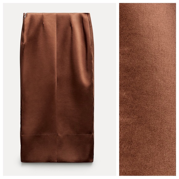 NWT. Zara Brown ZW Collection Satin Effect Midi Skirt. Size M. - Picture 7 of 11
